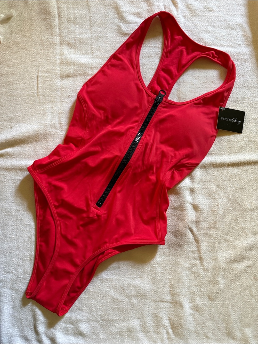 Red One-Piece Zip Front Swimsuit M